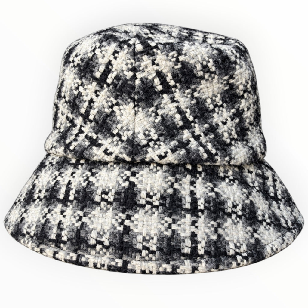 Chanel Black, White & Gray Tweed Bucket Hat with CC Logo