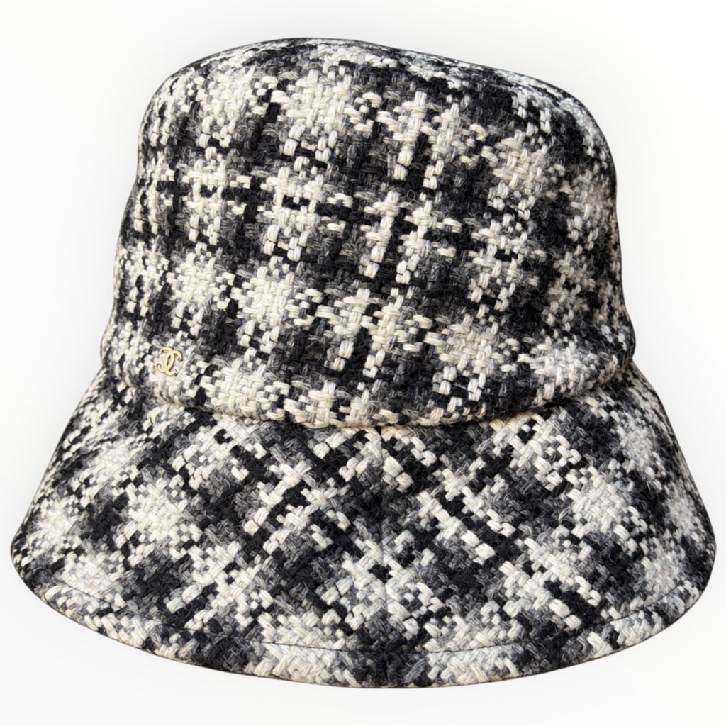 Chanel Black, White & Gray Tweed Bucket Hat with CC Logo
