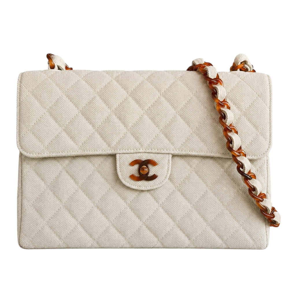 Vintage Chanel Quilted Linen Flap Bag with Tortoiseshell Resin Chain