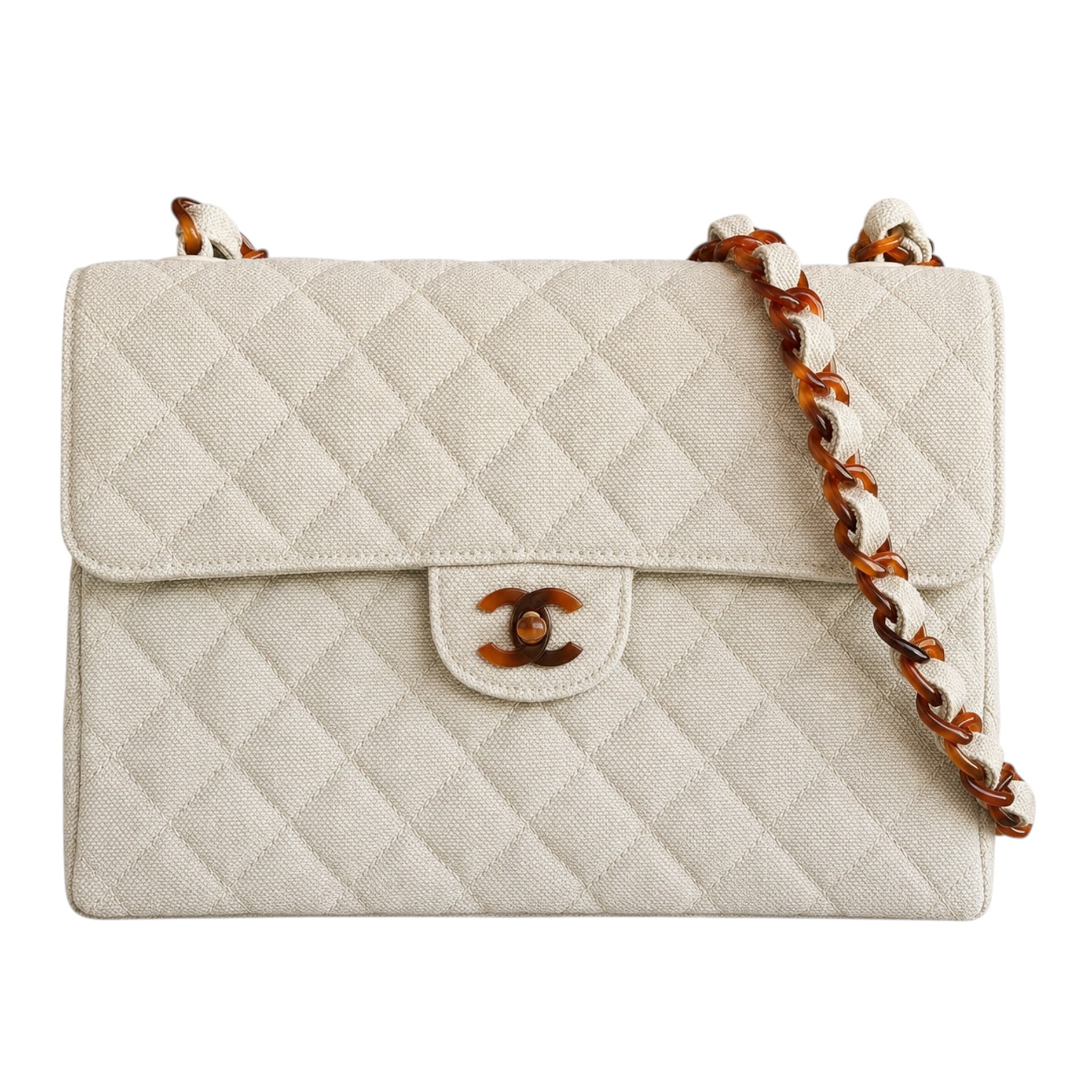 Vintage Chanel Quilted Linen Flap Bag with Tortoiseshell Resin Chain