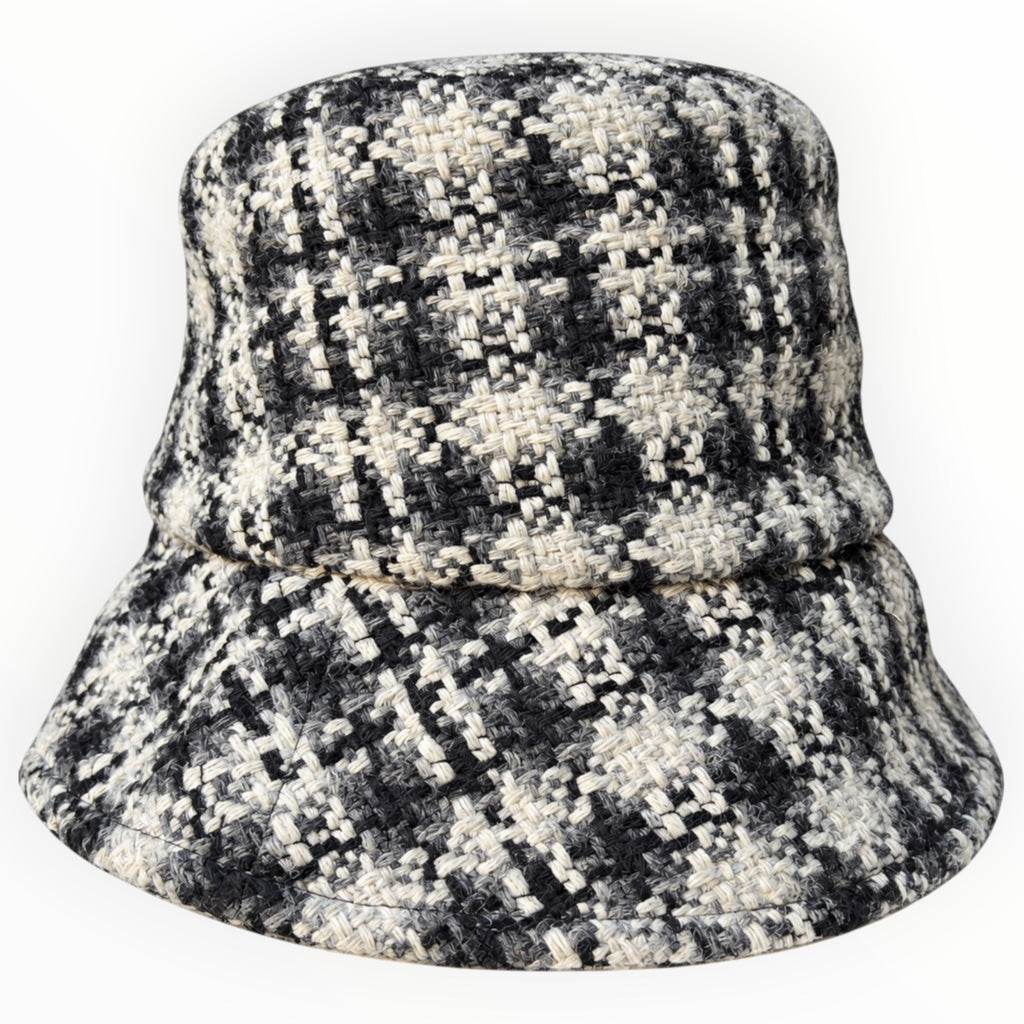Chanel Black, White & Gray Tweed Bucket Hat with CC Logo