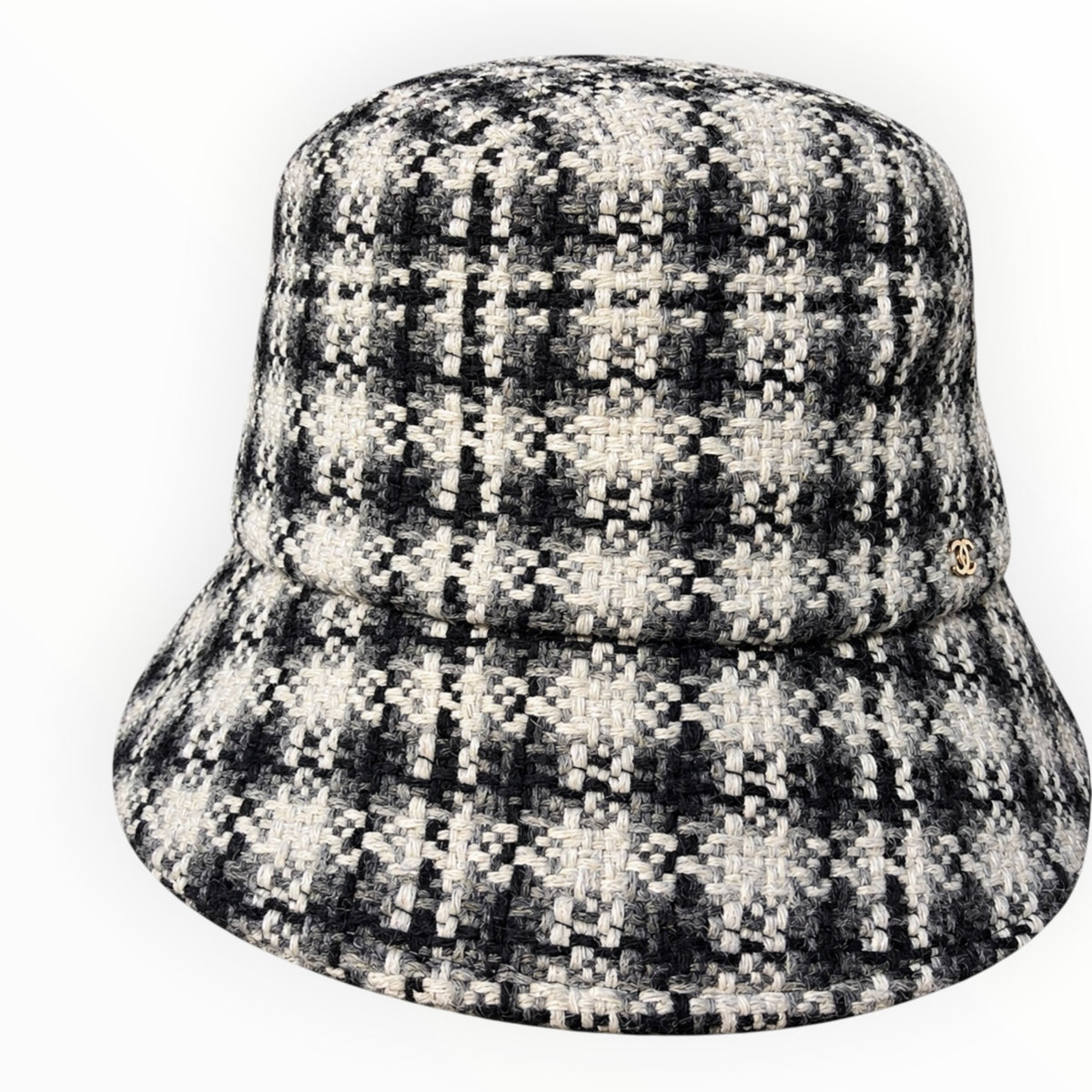 Chanel Black, White & Gray Tweed Bucket Hat with CC Logo