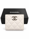 Chanel White Quilted Leather Compact Wallet with Silver-Tone CC Hardware