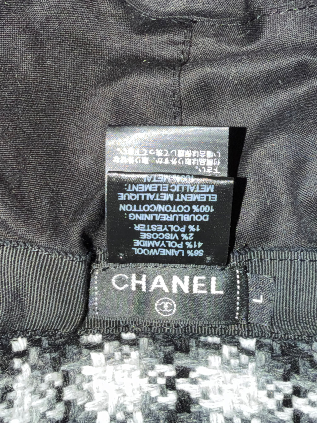 Chanel Black, White & Gray Tweed Bucket Hat with CC Logo