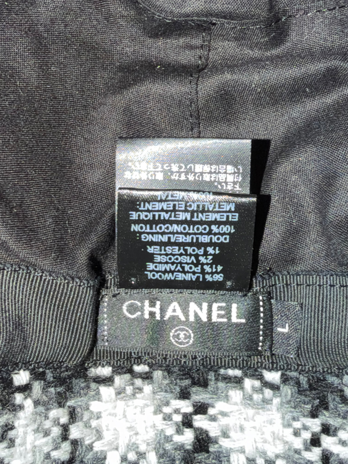 Chanel Black, White & Gray Tweed Bucket Hat with CC Logo