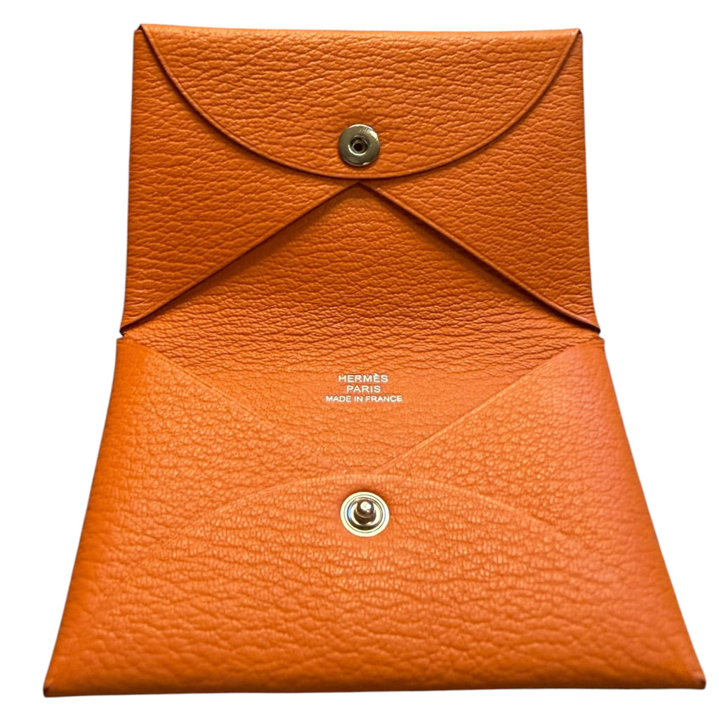 Hermès Calvi Card Holder in Orange Chèvre Mysore