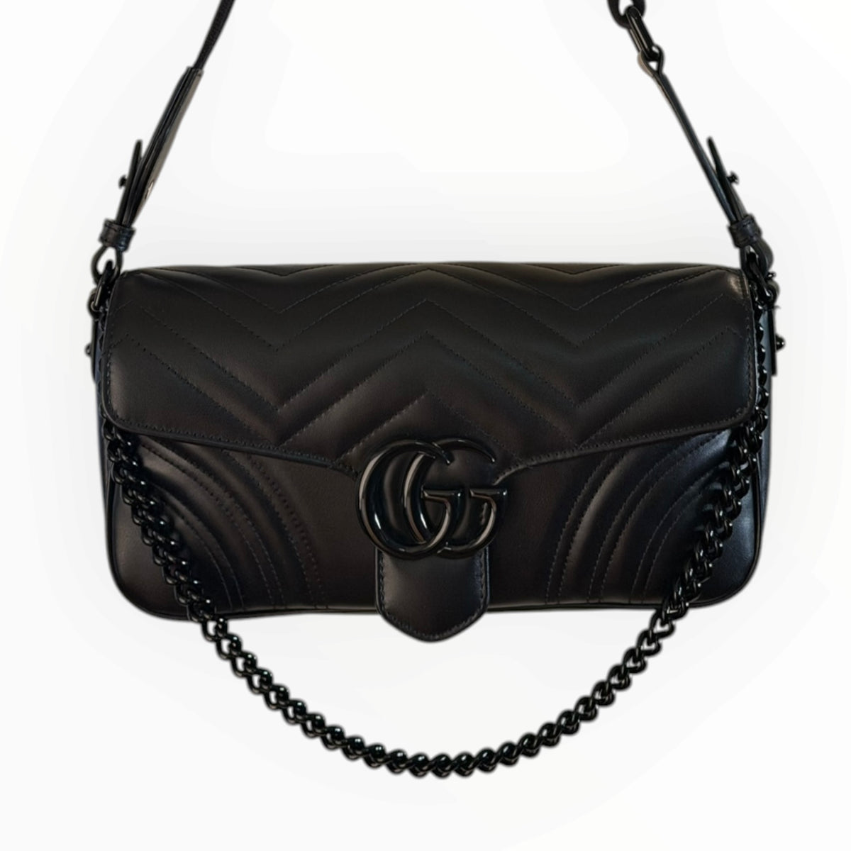 Gucci GG Marmont Monochrome Matelassé Black Leather Flap Bag