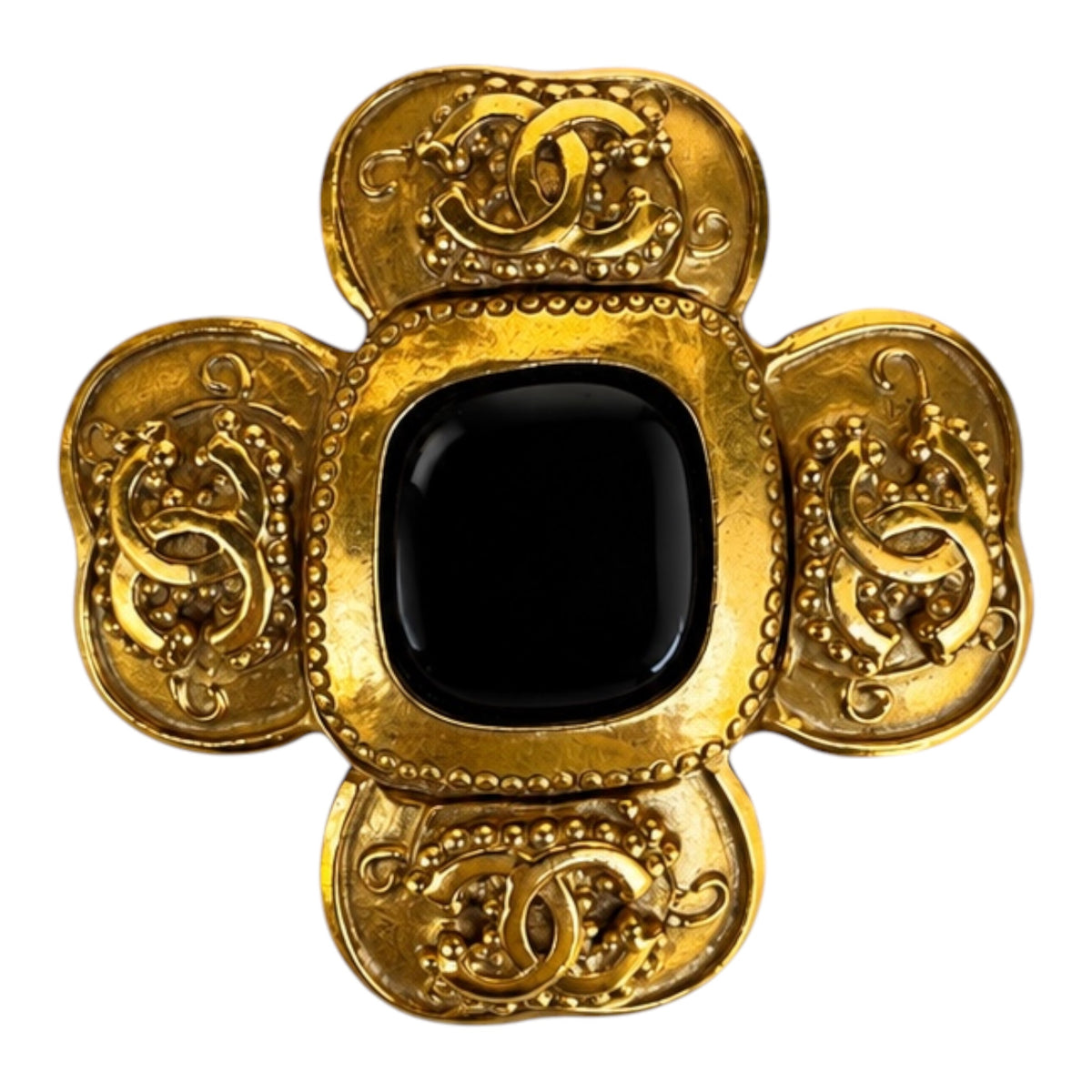Chanel Vintage CC Clover Black Cabochon Brooch – 96A