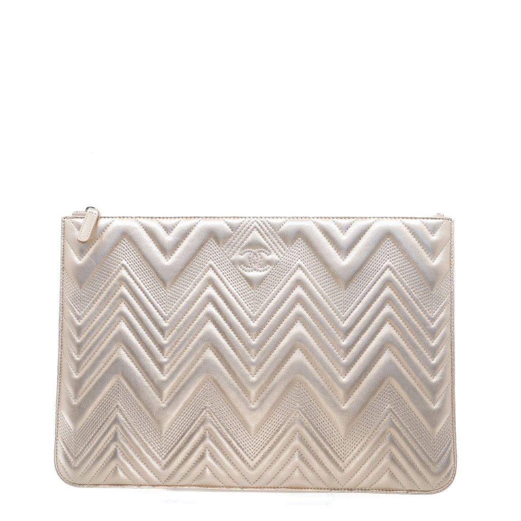 Chanel Medium Chevron O Case Clutch Champagne Gold