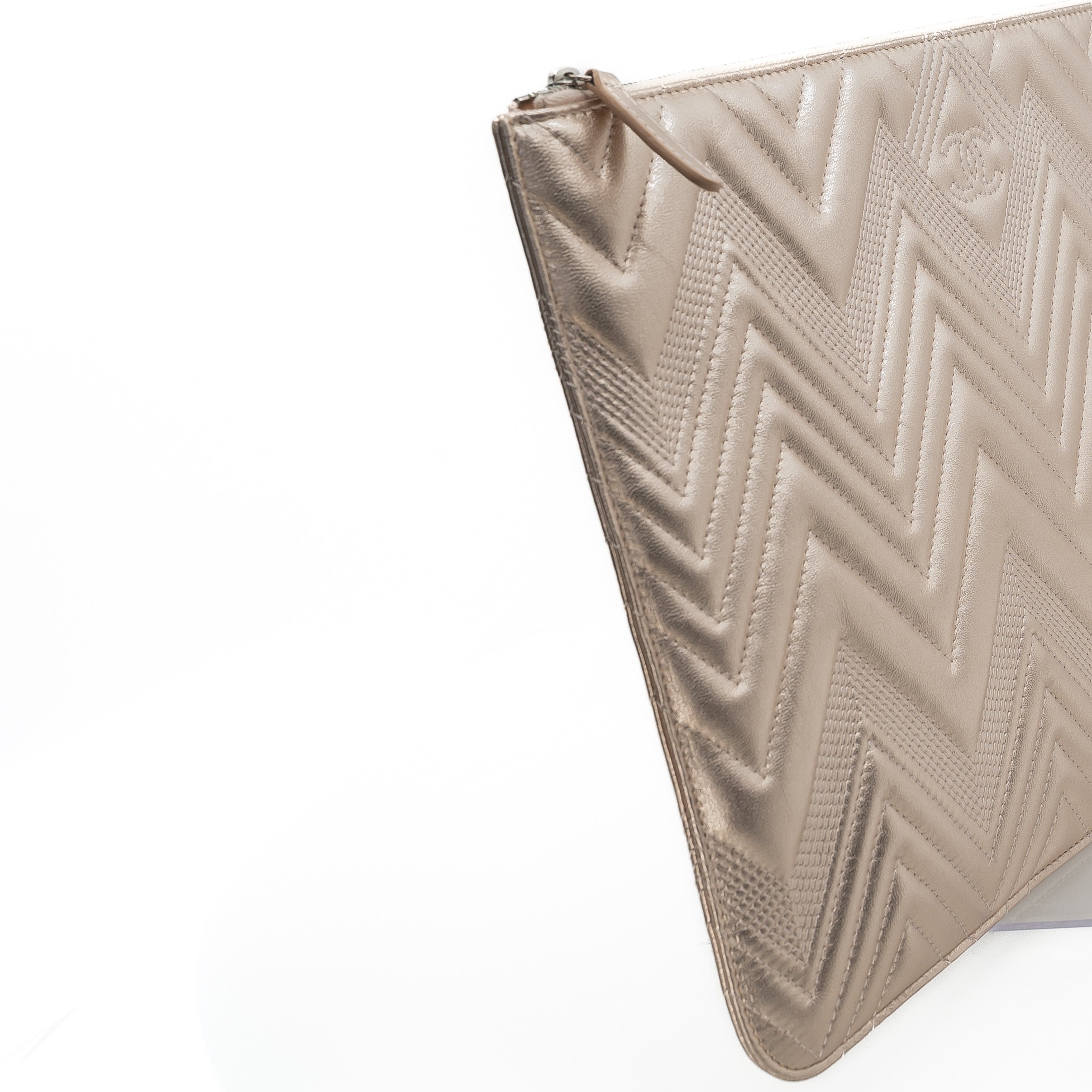 Chanel Medium Chevron O Case Clutch Champagne Gold