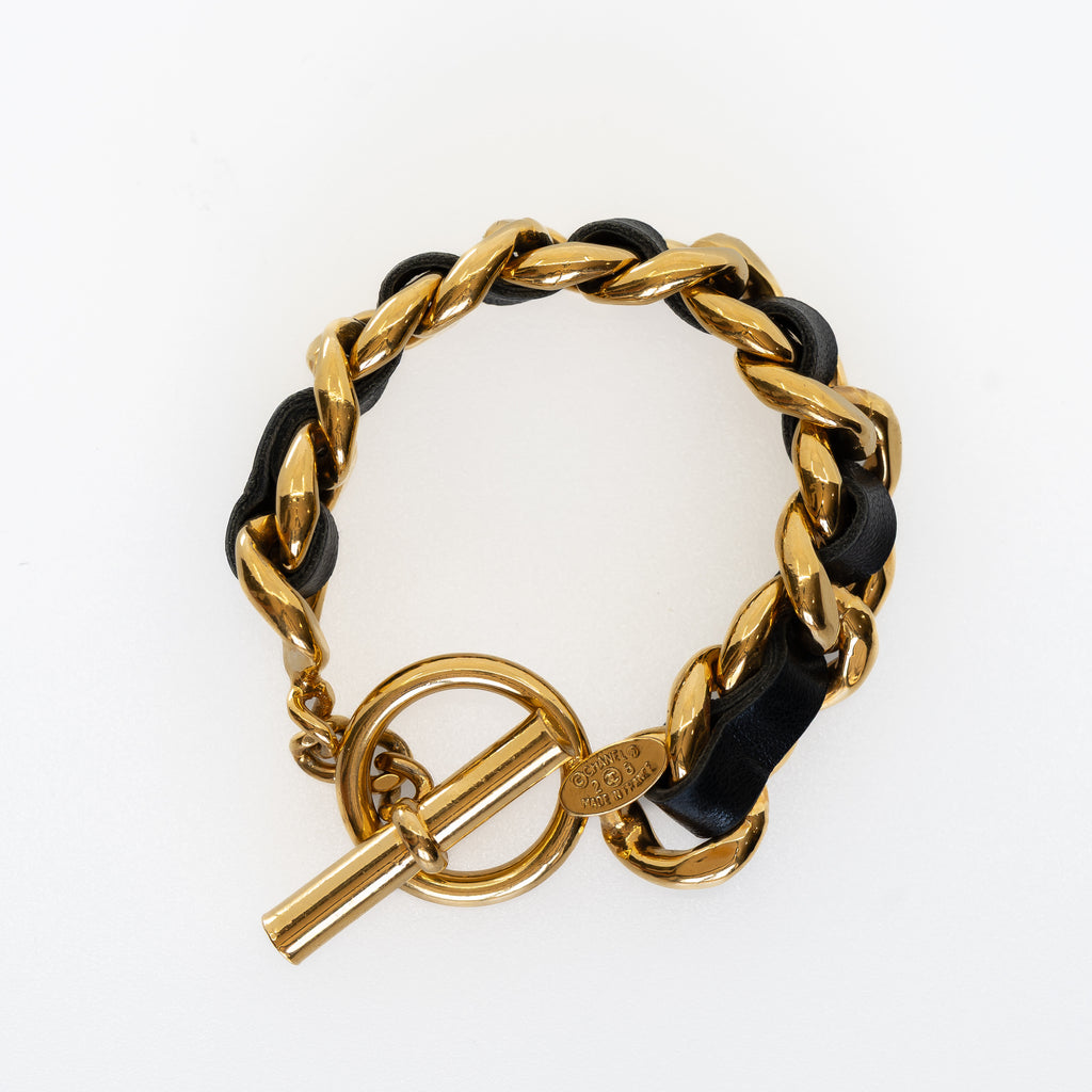 Vintage 1980's Gold and Leather Toggle Bracelet