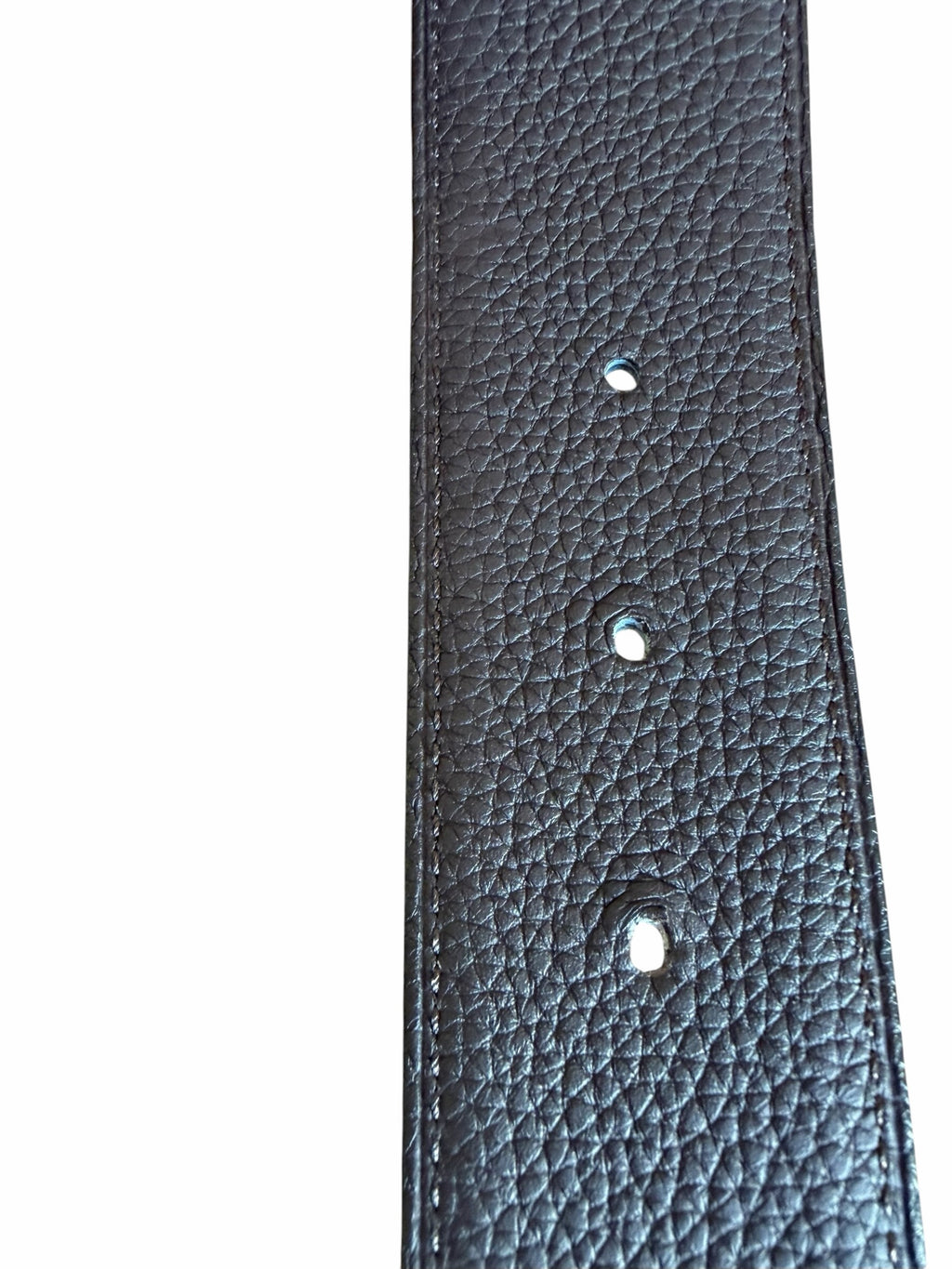 Studio444 dark brown textured leather belt with visible stitching and adjustment holes