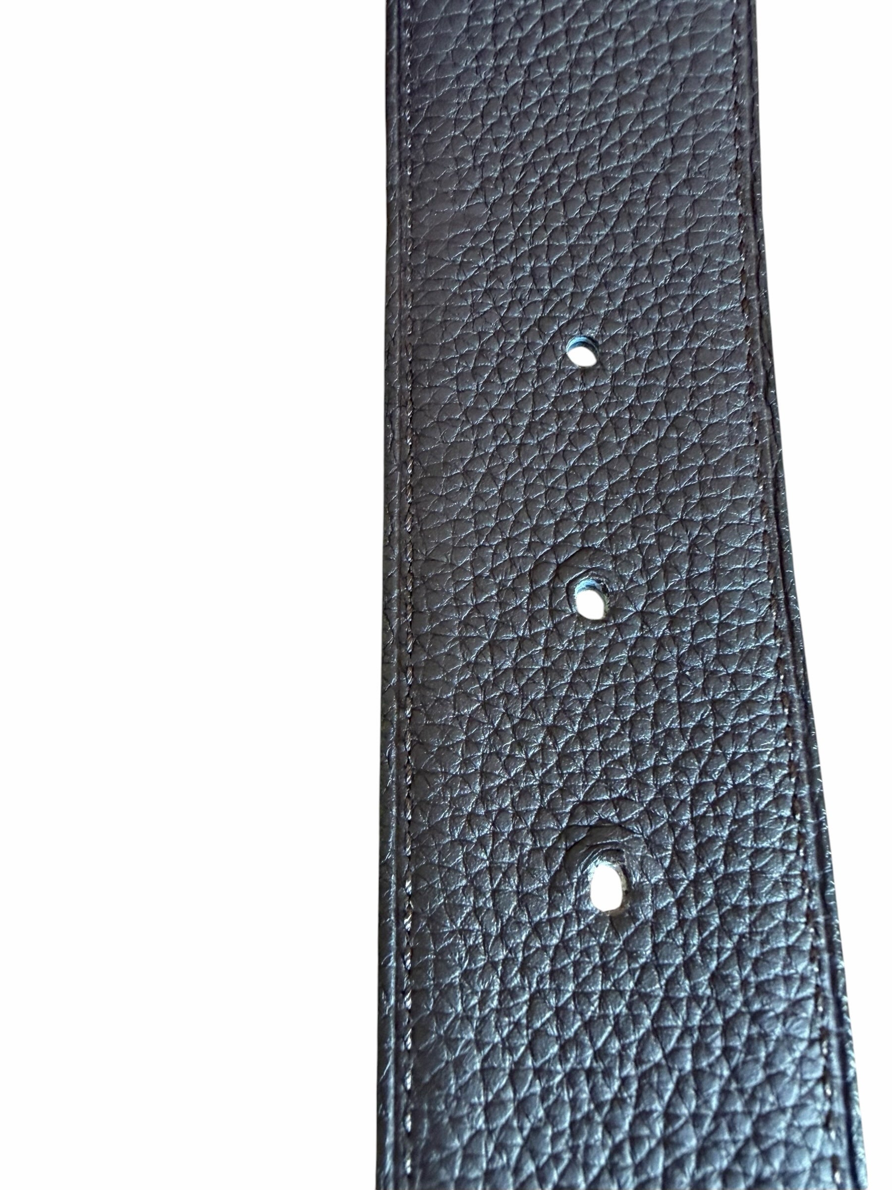 Studio444 dark brown textured leather belt with visible stitching and adjustment holes